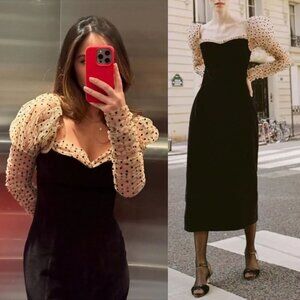 Doen Criselda Midi Dress Black Velvet Polka Dot Puff Sleeve Heirloom Size 00